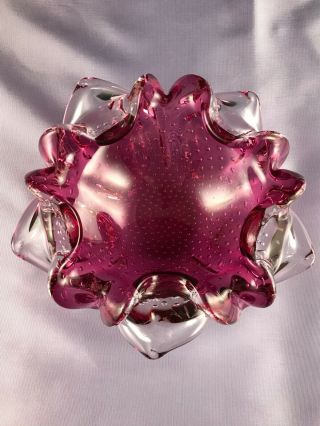 Vintage Mid Century Italian Murano Cranberry&clear Art Glass 7”bowl W/ Bubbles