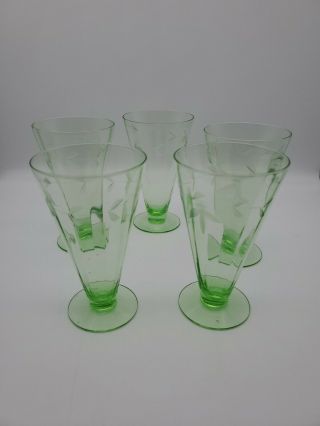 Set Of 5 Green Depression Glass Footed Glasses
