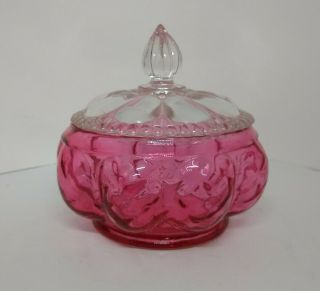Vintage Fenton Cranberry Diamond Optic Melon Candy Powder Jar With Clear Lid