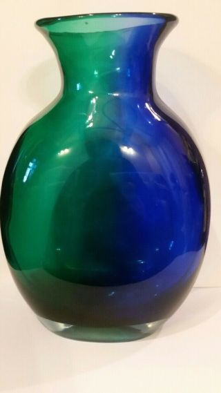 Hand Blown Blue And Green Art Glass Vase.  Flat Sided