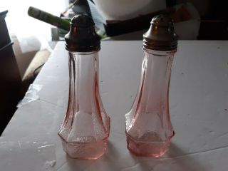 Vintage Pink Poinsettia Depression Glass Tall Salt And Pepper Shakers