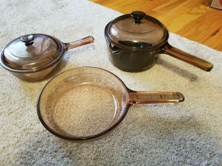 Set Of 3 Vintage Corning Vision Amber Glass Cookware 2 Sauce Pans W Lids Skillet
