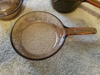 Set Of 3 Vintage Corning Vision Amber Glass Cookware 2 Sauce Pans W Lids Skillet 2