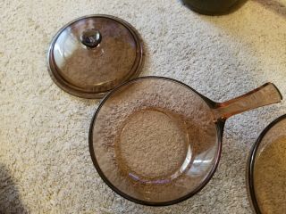 Set Of 3 Vintage Corning Vision Amber Glass Cookware 2 Sauce Pans W Lids Skillet 3