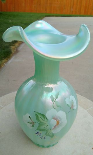 Fenton Green Opalescent Stripe Rib Optic Signed Vase Caplinger