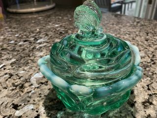 Fenton Green Opalescent Glass Rose Shaped Dish With Butterfly Handle
