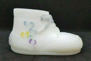 Fenton Satin Milk Glass Baby Shoe Boot,  Hand Painted,  Signed,  Blue Purple Yellow