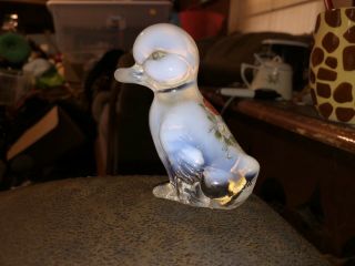 Fenton 1950s Art Glass Duck Figurine Iridescent Hand Painted Signed With Sticker