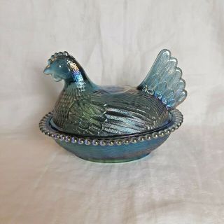 Indiana Carnival Glass Iridescent Blue Chicken/hen On Nest Covered Candy Dish