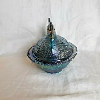 Indiana Carnival Glass Iridescent Blue Chicken/Hen on Nest Covered Candy Dish 2
