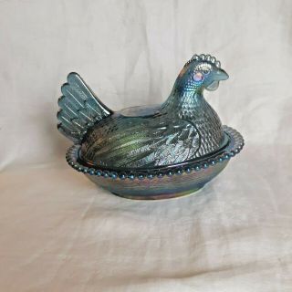 Indiana Carnival Glass Iridescent Blue Chicken/Hen on Nest Covered Candy Dish 3