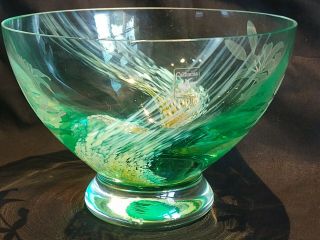 Large Caithness Glass Green Pedestal Bowl With White And Orange Swirl / Flower