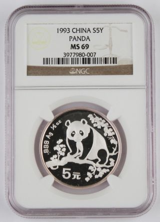 1993 China 1/2 Oz 999 Silver Panda 5 Yuan Coin Ngc Ms69 Gem Bu