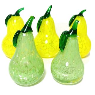 5 Vintage Hand Blown Murano Style Glass Fruit Yellow Green Speckled Pears 5” 4”