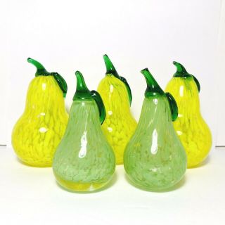 5 Vintage Hand Blown Murano Style Glass Fruit Yellow Green Speckled Pears 5” 4” 2