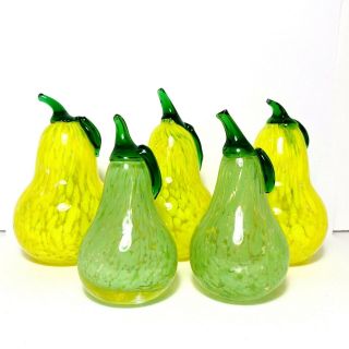 5 Vintage Hand Blown Murano Style Glass Fruit Yellow Green Speckled Pears 5” 4” 3