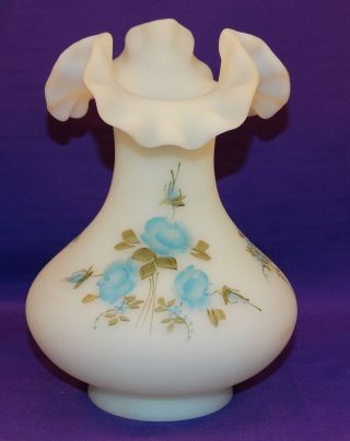 Fenton Art Hand Painted Satin Custard Glass Vase Blue Roses Signed