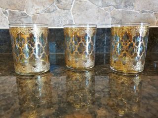 3 Vintage Culver Valencia Rocks Double Old Fashioned Glasses Mcm 22k Gold Green