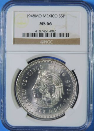 1948 Mo Mexico Cuauhtemoc Silver 5 Pesos Coin Ngc Ms66 Gem Uncirculated