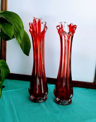 Vintage Mid - Century Art Glass Swung Stretch Vase Pair Red/orange Retro