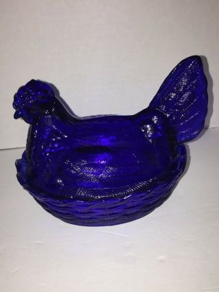 Cobalt Blue Glass Hen On Nest Chicken Covered Candy Dish 2 Pc