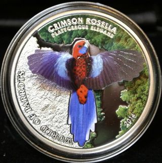 2014 Cook Islands - $5.  925 Silver 3d Coin - World Of Parrots Crimson Rosella