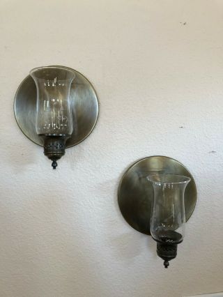 Set Of 2 Vtg Princess House Brass Wall Sconces With Heritage Hurricane Globes