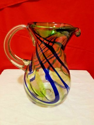 Large 10 1/2 " Tall Hand Blown Glass Pitcher Tint Green With Blue Swirl