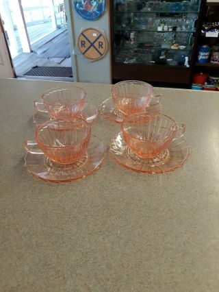4 Pink Jeannette Glass Sierra Pinwheel Cups & Saucers 1930 