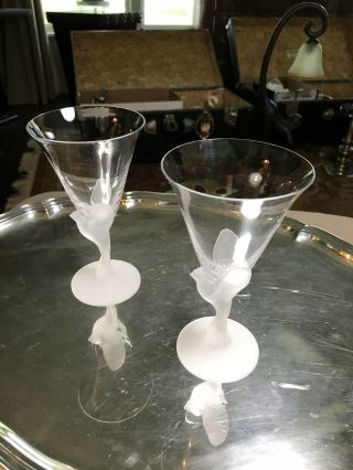 Pair Sasaki Wings Clear Taper Crystal Glasses Frosted Bird / Dove Wine Glass
