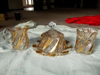 Creamer Sugar Spoon Butter Dish Two Ply Swirl Gold Duncan Miller Sons Eapg Glass