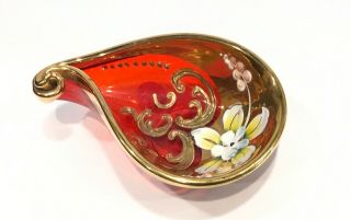 Vintage Murano Vimax Floral Art Glass Dish Ruby Red Gold Gilt 3 - 1/2 "