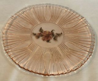 Pink Depression Glass Cake Plate Torte Serving Platter Floral Center 1930s