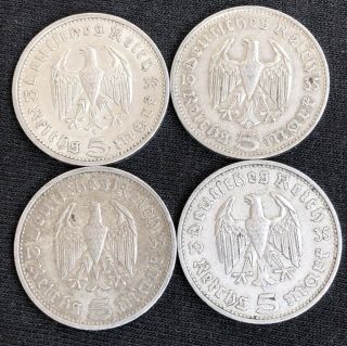 1935 A D E J 5 Reichsmark German Silver Coins