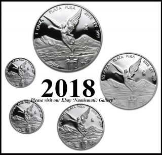 2018 Mexico Silver Proof Libertad 5 Coins: 1.  0,  1/2,  1/4,  1/10 & 1/20 Oz Set