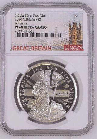 2020 Great Britain 1 Oz Proof Silver Britannia 2£ Ngc Pf68uc | From 6 - Coin Set
