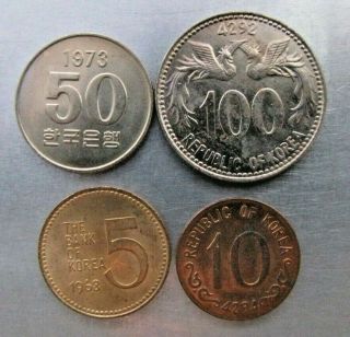 South Korea 1 Hwan 1961,  5 Won 1968,  50 Won 1973,  100 Hwan 1959 Unc.