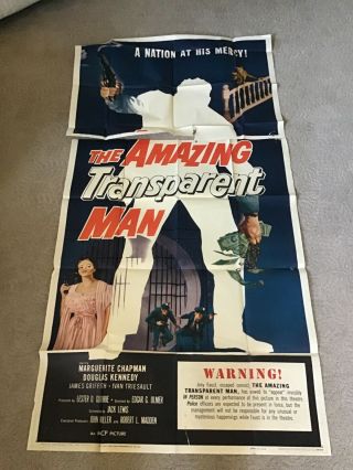 Vint Movie Poster The Transparent Man Invisible Orig 3 Sheet Horror 1959