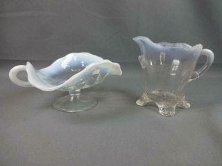 2 Antique Opalescent Glass Dishes Creamer Pitcher & Handled Compote Candy Eapg