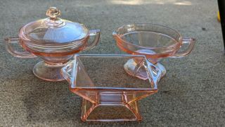 Vintage Pink Depression Glass Footed Sugar & Creamer & Candy Dish Rare W/lid