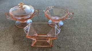 Vintage Pink Depression Glass Footed Sugar & Creamer & Candy Dish RARE w/lid 3