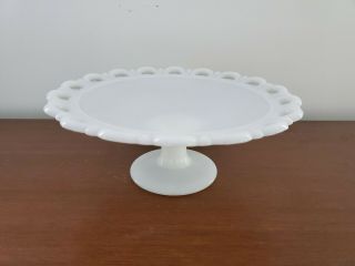 Vintage Lace Edge Milk Glass Pedestal Cake Stand 11in Wide