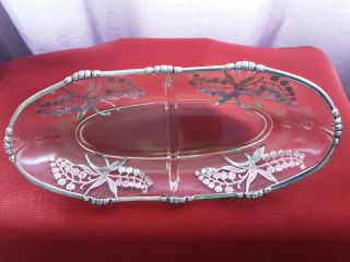 Antique Silver Floral Pattern Overlay Divided Relish Dish