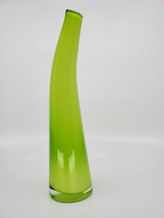 Vintage Murano Lime Green Art Glass Bud Vase Contemp.  Curved Slanted Encased