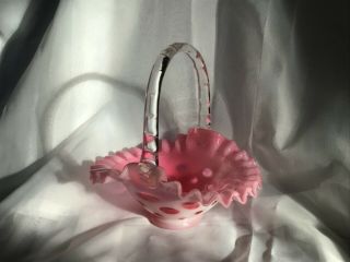 Vintage Fenton Cranberry Opalescent Pink And White Coin Dot Ruffled Basket