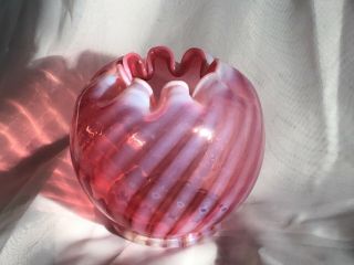 Vintage Fenton Opalescent Cranberry Vase Spiral Optic Swirl Crimped Top