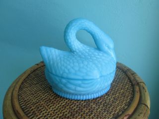Vallerysthal Cr.  1914 France Pv Blue Milk Glass Swan On Nest Lidded Candy Dish