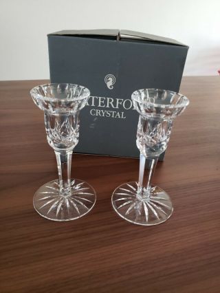 5.  5 " Tall Lismore Waterford Crystal Candle Holder Candlestick Boxed Pair Signed