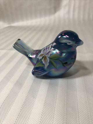 Fenton Hand Painted Blue Iridescent Art Glass Bird Figurine Artist Signed