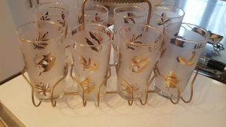 8 Libbey Gold Leaf Mid Century Modern Frosted Tumbler Drinking Glasses,  Caddy